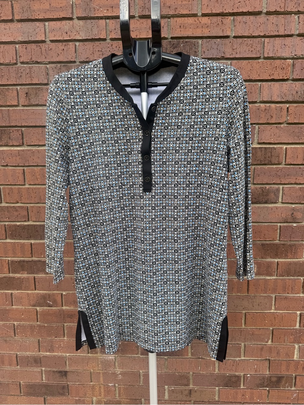 J. McLaughlin Womens Tunic Top Large Black Multi Geometric Print Catalina Cloth